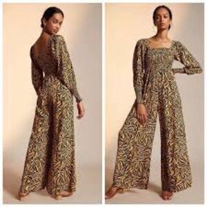 KACHEL X ANTHROPOLOGIE Tiger Stripe Square Neck Smocked Wide Leg Jumpsuit size 4